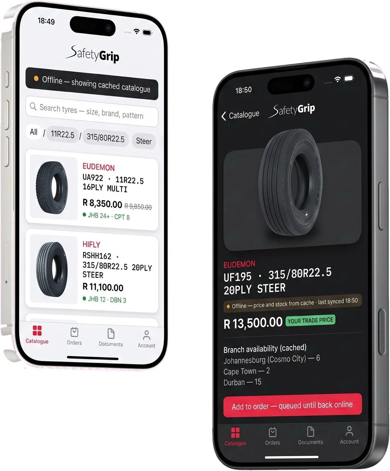concept mockup of the trade app — two phone screens